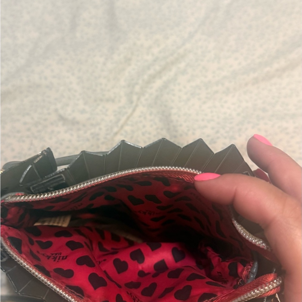 Black Pleated Wristlet Clutch with Pink Heart-Print Lining